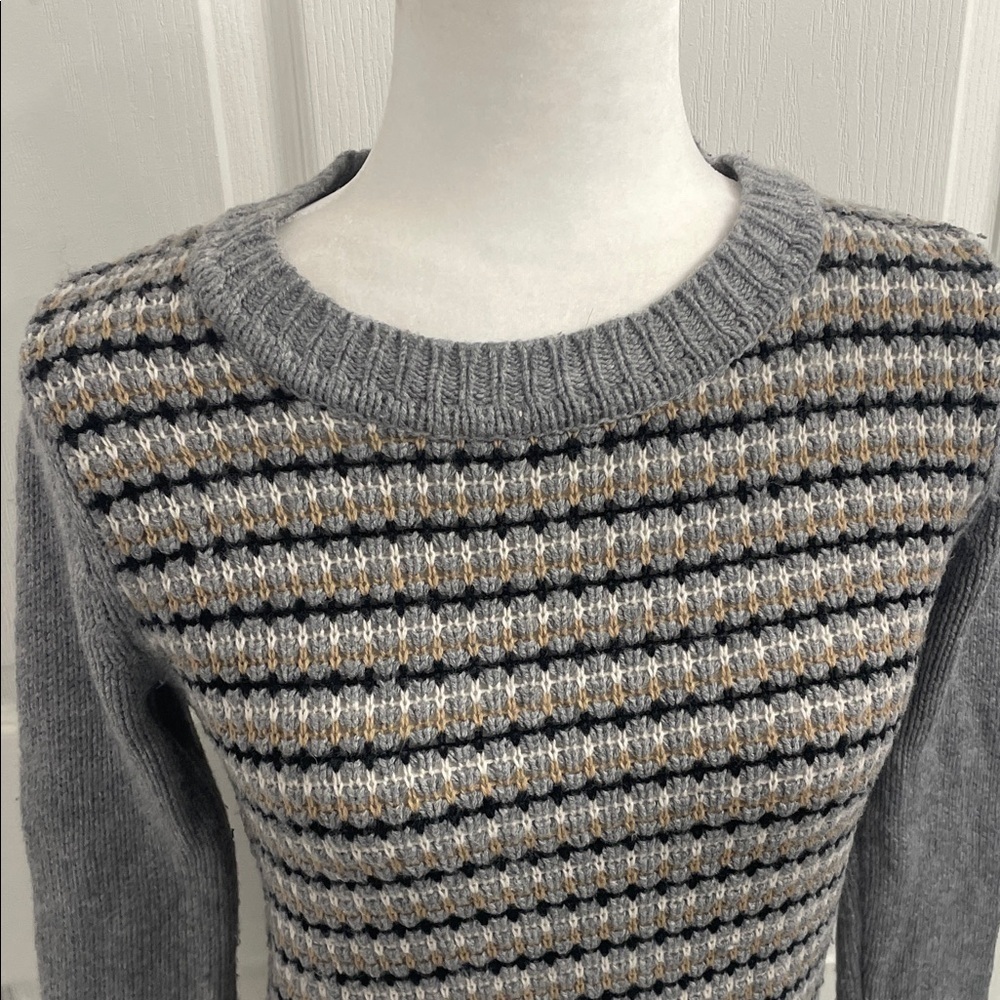 Boden Gray/BlackWhite/Tan Striped Sweater Wool Crew Neck Rib Cuffs & Hem Sz 2 - Picture 2 of 13
